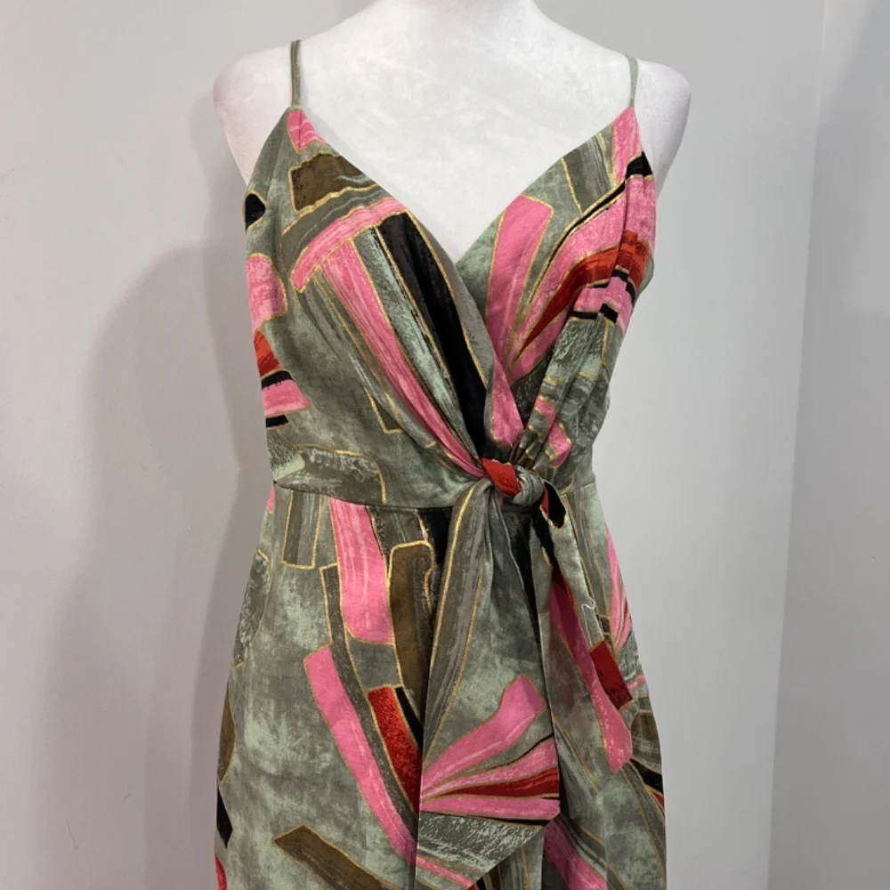 NWT Jason Wu Abstract Print Linen Blend Faux Wrap Midi Green & Pink Dress Size 4 - Picture 2 of 15